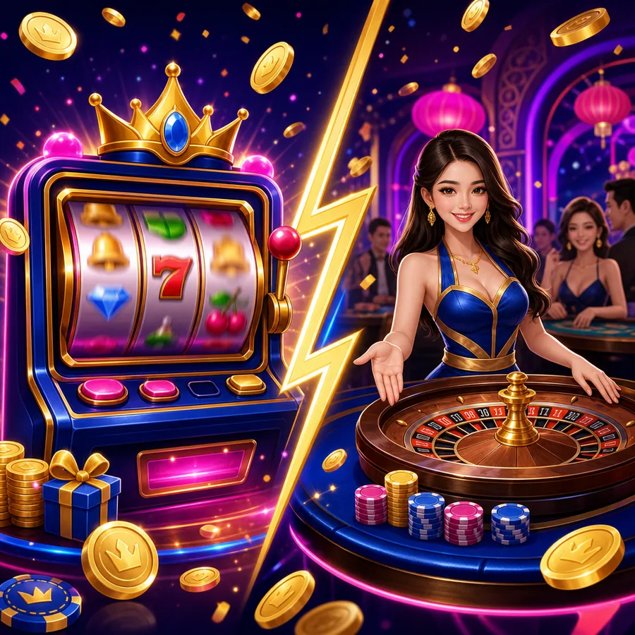 Ilustrasi edukasi MPO222: Apa Perbedaan Slot dan Live Casino?